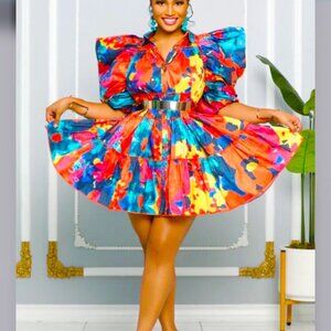 Fabulous Baby Doll Dress with Puffy Sleeve Tie -Dye Print
